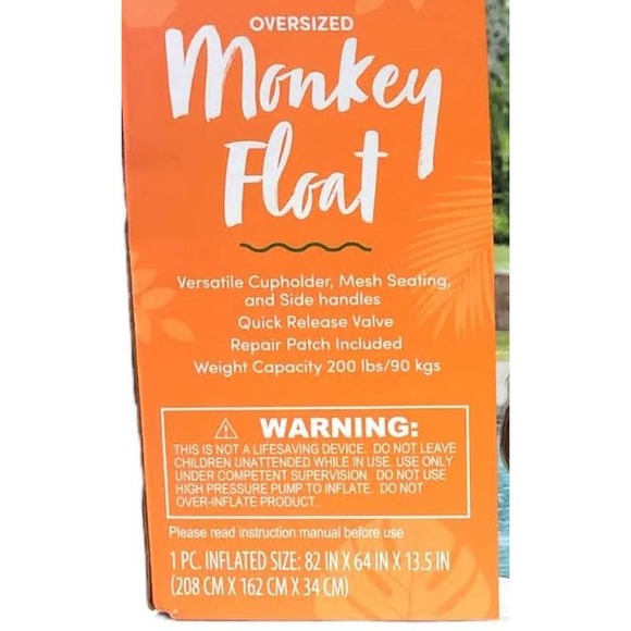 Giant 82"x64"x13.5" Inflatable Monkey Water Float w/ Side Handles, 200 lb. Limit - Picture 3 of 6